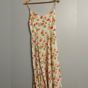 Floral Sleeveless Dress - Cream with Coral and Green Accents